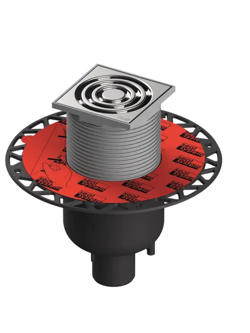TECE Ablaufset mit quadratischer Abdeckung und Seal System. Das Produkt ist für den senkrechten Anschluss konzipiert und zeigt ein designorientiertes Erscheinungsbild.
